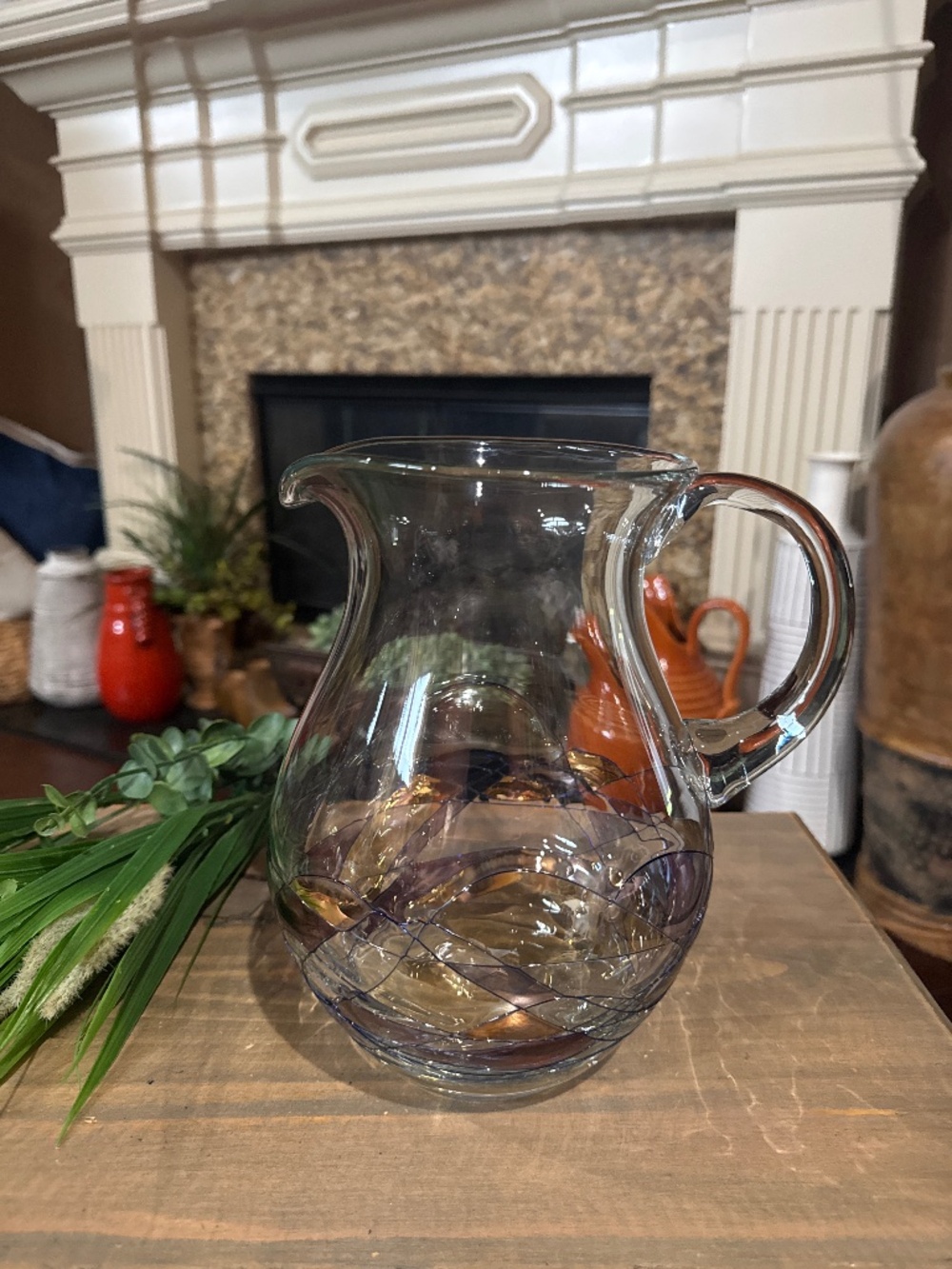 Vintage Fostoria Galleria Mosaic Blown Glass Pitcher Made in Romania 9”x 7 1/2”